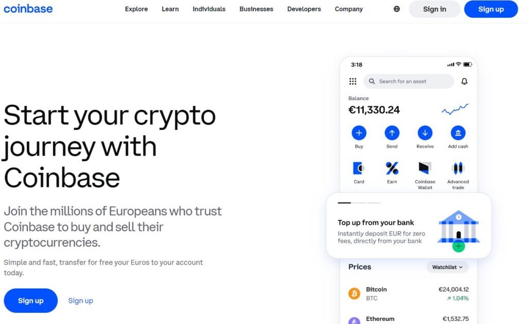 the homepage of Coinbase