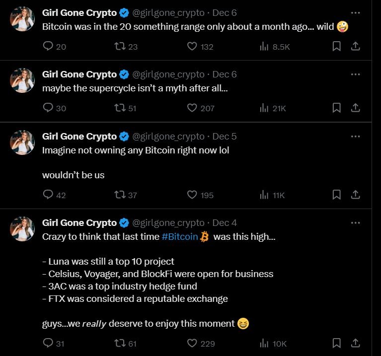 Screenshot of Lea's tweets about bitcoin